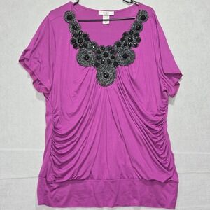 Moa Moa Woman Plus Size 3X Purple Beaded V Neck Tunic Top Shirt Made in USA
